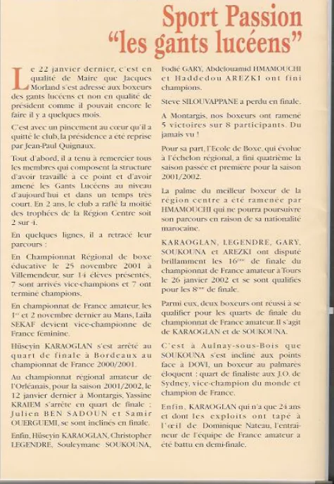 Coupure de presse&nbsp;: Sport Passion&nbsp;: les gants lucéens